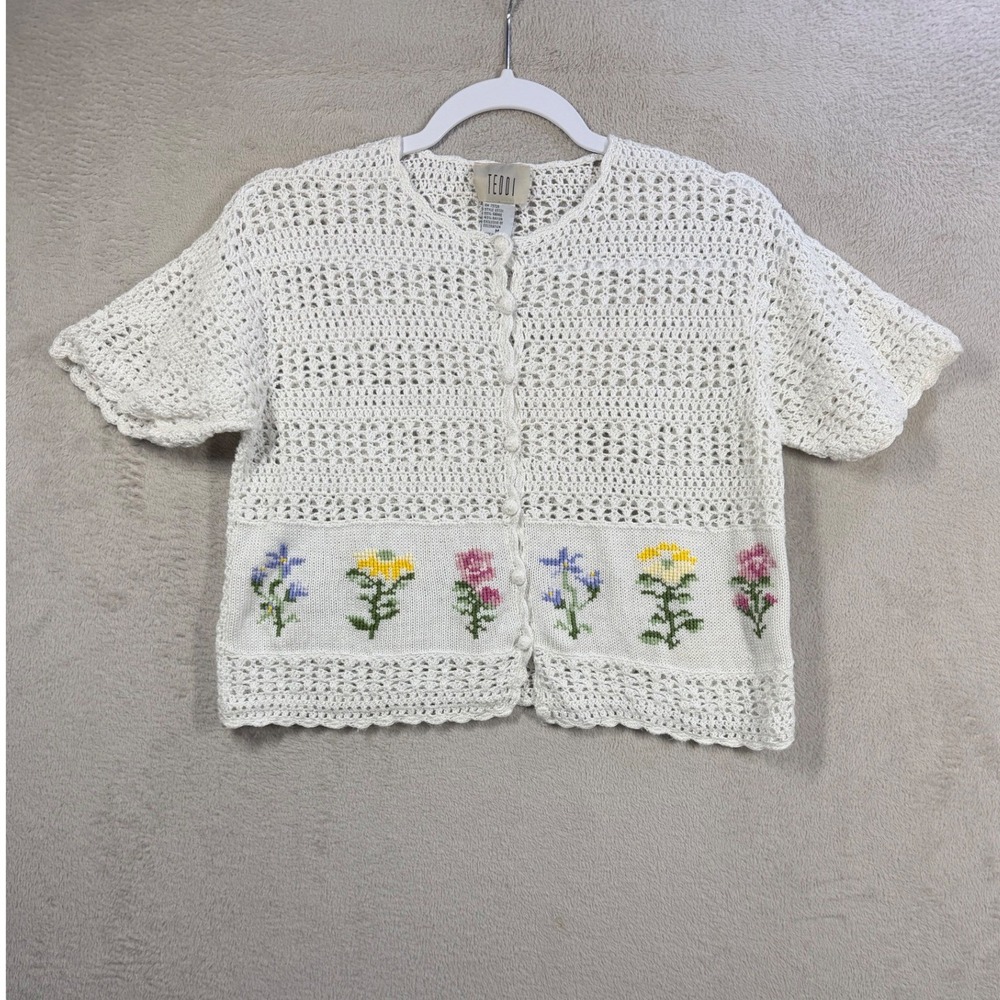 Teddi Cardigan Sweater Women's M White Floral Crochet Knit Vintage Cottagecore